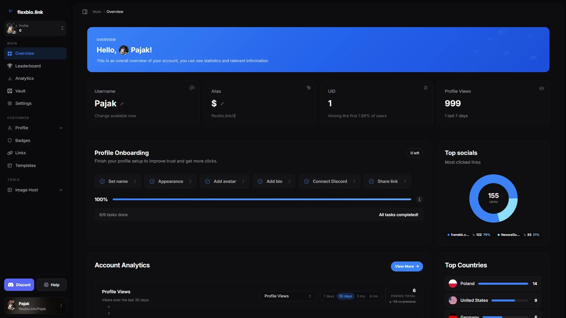 Rzeczywisty panel Flexbio.link — edytor profilu, statystyki i ustawienia